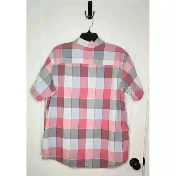 Size XL Columbia Mens Button Down Shirt Pink / Gray Plaid Short Sleeve Cotton - Picture 2 of 4